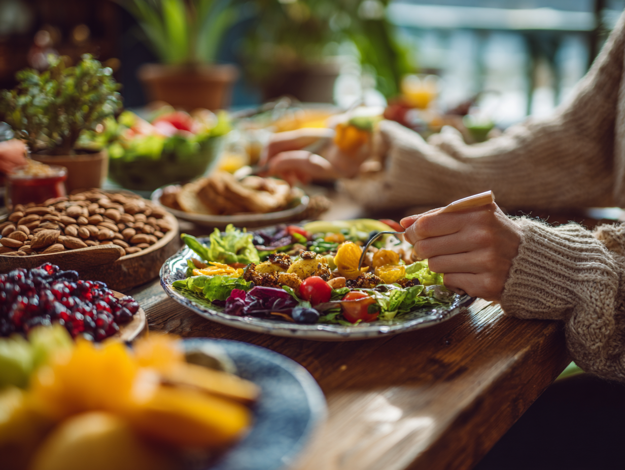 Farebné zdravé jedlo na stole s čerstvými ingredienciami